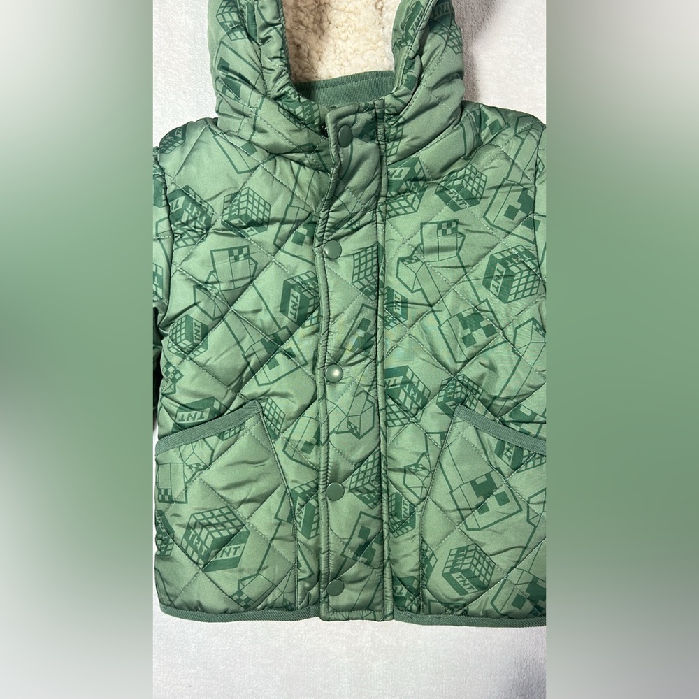 Minecraft Boys 5/5A Quilted Hooded Jacket Green Creeper Sherpa Lined - Picture 3 of 9